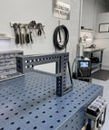 Built Tough 12 Inch Welding Clamping Square And Table Extension Kit with precision machined riser blocks on a welding table.