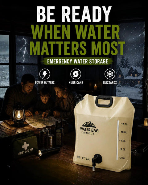 Family with Collapsible Water Container With Spigot 12L Foldable Water Storage Bag for emergency preparedness on table