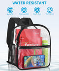 Clear Stadium Bag 12 By 12 By 6 Inches With Reinforced Wider Shoulder Straps For Easy Security Checks, showing water resistance and contents inside