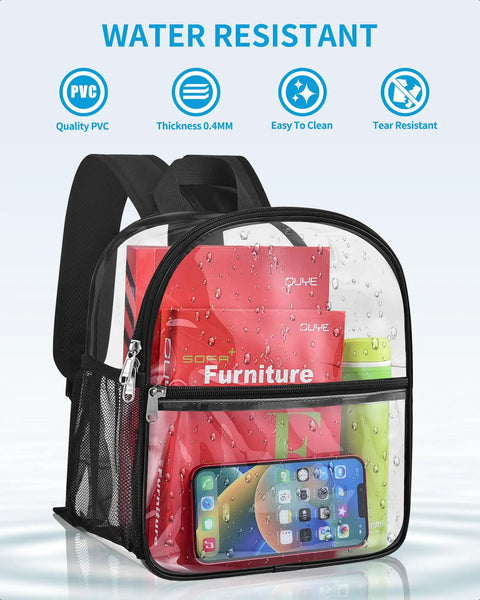 Clear Stadium Bag 12 By 12 By 6 Inches With Reinforced Wider Shoulder Straps For Easy Security Checks, showing water resistance and contents inside