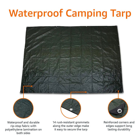 Waterproof Camping Tarp With Reinforced Corners And Edges For All Weather Gear Protection, 9.5 by 11.3 Feet, Dark Green