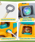 Hootie the Construction Truck Bubble Lawn Mower For Kids Ages 3 To 6 With Flashing Lights Automatic Bubbles Blower Toy features USB charging port, sturdy push handle, and LED bubble outlet.