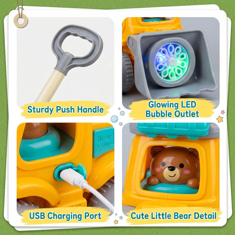 Hootie the Construction Truck Bubble Lawn Mower For Kids Ages 3 To 6 With Flashing Lights Automatic Bubbles Blower Toy features USB charging port, sturdy push handle, and LED bubble outlet.