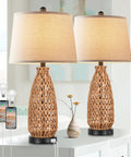 Set Of 2 27 Inch Farmhouse Coastal Rattan Table Lamps With Dual USB Ports And 3 Way Dimmable Touch Control LED Bulbs Included Bedside Nightstand Lighting For Bedroom And Living Room Perfect Cozy Vibe on a table with phones charging