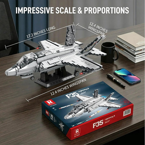 F-35 Fighter Jet Building Blocks Set With 1,490 Pieces For A Boss Level Military Model Build on a desk with packaging