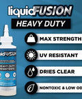 Liquid Fusion Heavy Duty Craft Glue For Rhinestones And Glitter, Waterproof And Crystal Clear Dries Non-Toxic, Strong Bond For Diamond Art And DIY Projects, Indoor Outdoor 4 Fl Oz bottle with features.