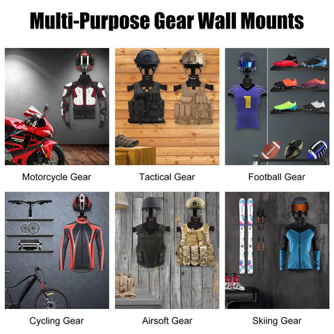 Multi-purpose gear wall mounts displaying motorcycle, tactical, football, cycling, airsoft, and skiing gear with Heavy Duty Wall Mount Tactical Gear Stand Holds Up To 100 Lbs With Solid Wood Frame And Rust Proof Steel A Rugged Rack For Police Gear Body Armor Plate Carriers Airsoft Plates And Motorcycle Helmets.