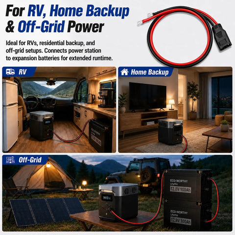 Heavy Duty Fifty Amp Extension Cable Eight Awg Connector Compatible With Ecoflow Delta Two Three Power Banks And Wave Three Portable Ac Units setup for RV and off-grid use, connecting power systems.