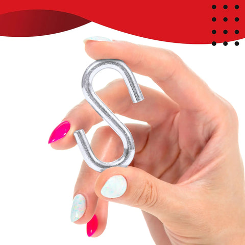 Close-up of hand holding metal S-hook from All In One DIY Friendly Garage Door Cable Replacement Kit With One Eighth Inch And Three Thirty Second Inch Galvanized Aircraft Cables Three Inch Pulleys And Fourteen Piece Hardware Set For Easy Extension Spring Garage Door Repair.
