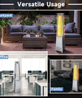 Collage showing Quartz Glass Tube Replacement For Patio Heater 49.5 X 4 Inch Clear With Silicone Connecting Ring in various settings.
