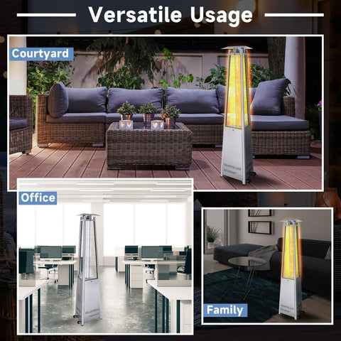Collage showing Quartz Glass Tube Replacement For Patio Heater 49.5 X 4 Inch Clear With Silicone Connecting Ring in various settings.