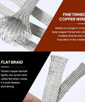 Close-up of flat braided tinned copper shielding wire; silver metal mesh, 5/16 in wide, 0.20 in dia