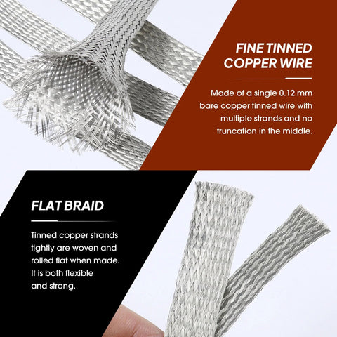 Close-up of flat braided tinned copper shielding wire; silver metal mesh, 5/16 in wide, 0.20 in dia