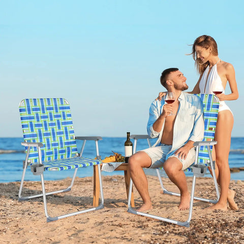 Oversized Folding Aluminum Beach Chair Set With Webbed Seat And Detachable Cup Holder, Heavy Duty 300 Lb Capacity, at the beach