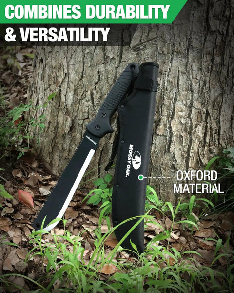 19 Inch Machete With Saw And Sheath, Sharp Blade, Ergonomic No Slip Handle, Oxford sheath, against tree in outdoor setting