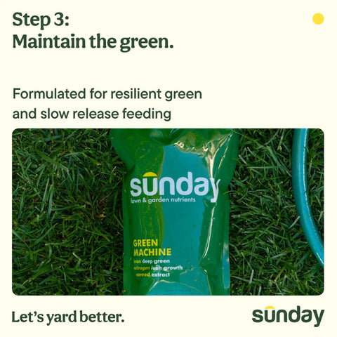 Close-up of Green Machine lawn care product on grass, part of the Complete Seasonal Lawn Care Kit With a 4 Month Feeding System.