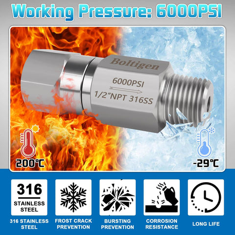 Boltigen 316SS inline 1/2 NPT ball check valve, 6000 PSI, for well, pump, and tank backflow prevention