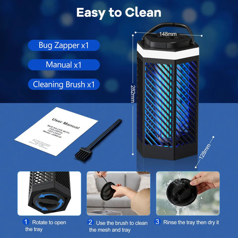 Rechargeable Bug Zapper For Indoor And Outdoor Use, 8000mAh Battery, USB Charging, LED Night Light, Mosquito Killer, Portable Fly Trap For Patio, Backyard, Garden, Lasts Up To 10 Hours In Zapper Mode, shown with manual and cleaning brush.