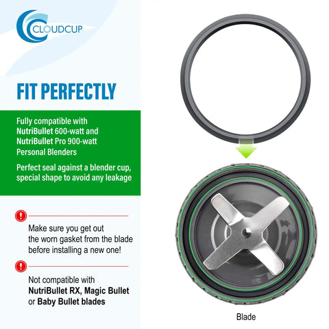 Gasket Replacement Seal Ring Set For 600W And 900W Blenders, Rubber Lip Gasket Pack Of 2, shown over NutriBullet blade.
