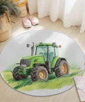 7Ft Round Area Rug For Living Room And Dining Table, Green Farm Tractor Grassland Circle Rug with non-slip backing on wood floor