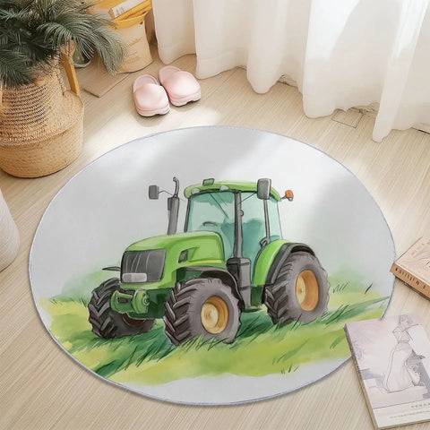 7Ft Round Area Rug For Living Room And Dining Table, Green Farm Tractor Grassland Circle Rug with non-slip backing on wood floor