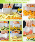 Hendiy large stainless steel crinkle cutter with orange handle, used to cut potatoes into wavy fries on a cutting board.