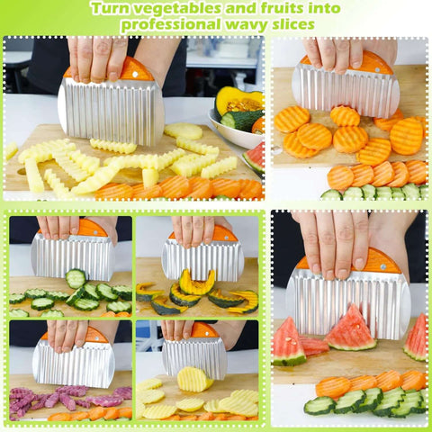 Hendiy large stainless steel crinkle cutter with orange handle, used to cut potatoes into wavy fries on a cutting board.