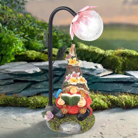 Colorful Gradient Solar LED Garden Gnome Statue For Outdoor Patio Balcony Yard Lawn Decor Gift Solar Powered Lighted Gnome Figurine With Vivid Night Glow And Fairy Tale Vibes For Charming Garden Ambience featuring a reading gnome under lamp post
