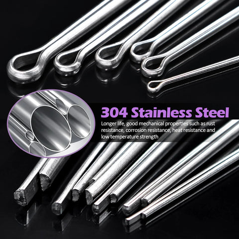 Close-up of 140Pcs Cotter Pin Assortment Kit With 6 Sizes M1.6x25mm M2.5x25mm M2.5x30mm M3.2x30mm M3.2x40mm M4x60mm Heavy Duty 304 Stainless Steel
