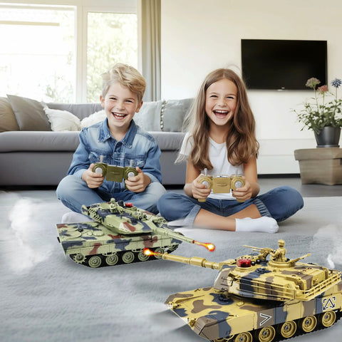 Kids playing with 1/24 Scale RC Tank With Smoke Lights And Sounds Remote Control Battle Vehicle indoors