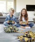 Children playing with One Twenty Fourth Scale RC Tank With Smoke Lights and Sounds 2.4 GHz Remote Control Leopard II model indoors