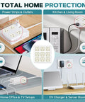 Nine Pack Automatic Fire Suppression Stickers For Electrical Outlets And Power Strips Self Adhesive Heat Activated Fire Protection Device With No Power Needed Easy Install Home Safety Gear, showing installation examples in home settings.