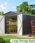 8x8 Ft Outdoor Metal Storage Shed With Lockable Doors Updated Frame Structure Large Garden Tool Storage For Backyard Patio Lawn Black Weather Resistant Heavy Duty Steel Construction Easy Assembly For Long Lasting Outdoor Use with open doors and visible tools