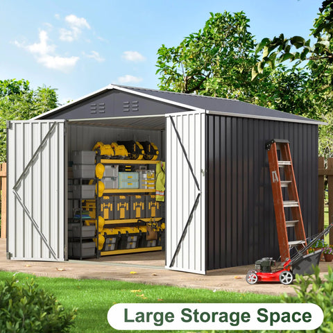 8x8 Ft Outdoor Metal Storage Shed With Lockable Doors Updated Frame Structure Large Garden Tool Storage For Backyard Patio Lawn Black Weather Resistant Heavy Duty Steel Construction Easy Assembly For Long Lasting Outdoor Use with open doors and visible tools