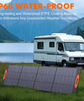 200W Foldable Solar Panel For Off Grid Power Stations Jackery Bluetti Anker With 16BB N Type Cells in front of RV in rain