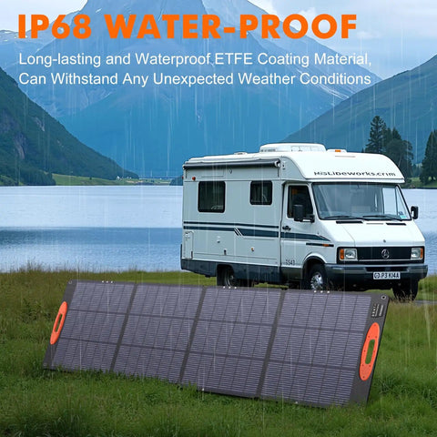 200W Foldable Solar Panel For Off Grid Power Stations Jackery Bluetti Anker With 16BB N Type Cells in front of RV in rain