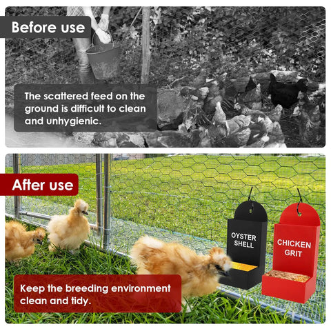 Before and after showing Bad Ass Gravity Fed Chicken Feeder With Rounded Edges Holds 15 Days Of Grit And Oyster Shells.