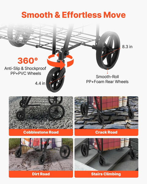 Folding Shopping Cart With Heavy Duty Metal Frame, 110 Lb Load Capacity, Anti Scratch And Rust Resistant Wheels on various terrains