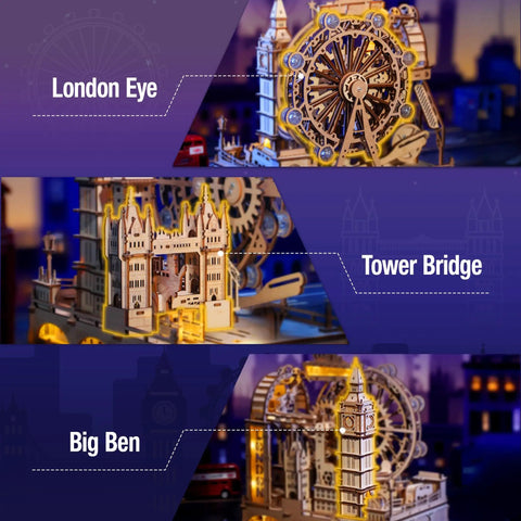 Illuminated Marble Run Puzzle Kit For Adults With LED Track showing London Eye, Tower Bridge, and Big Ben models