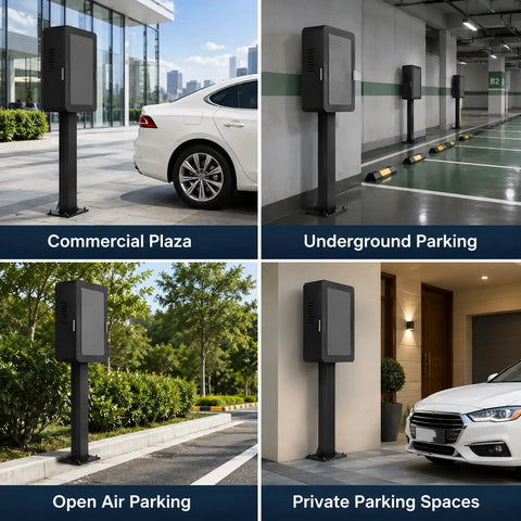 Tough as Nails EV Charger Enclosure Outdoor Pedestal in commercial plaza and private parking spaces for L2 units.