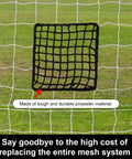 6 Pack Universal Sports Net Repair Kit With 100 Nylon Zip Ties And 20x20cm Net Patches For Soccer Hockey Football Golf Baseball Nets And Batting Cages Quick Fix showing net patch applied on a soccer net.