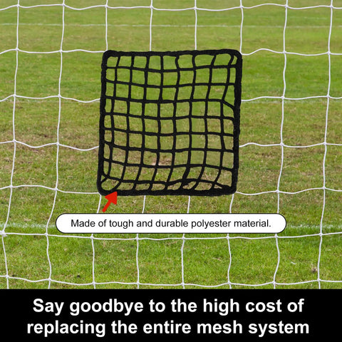 6 Pack Universal Sports Net Repair Kit With 100 Nylon Zip Ties And 20x20cm Net Patches For Soccer Hockey Football Golf Baseball Nets And Batting Cages Quick Fix showing net patch applied on a soccer net.