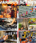 Collage of various scenes including automotive repair, holiday decoration, gardening tools, factory robotics, and international flags.