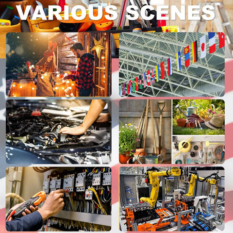 Collage of various scenes including automotive repair, holiday decoration, gardening tools, factory robotics, and international flags.