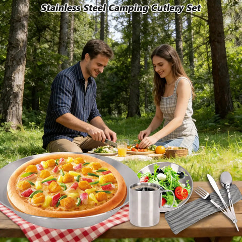 Stainless Steel Camping Mess Kit With Plates Bowls Double Layer Vacuum Cups Knives Forks Spoons And Storage Bag for outdoor dining scene