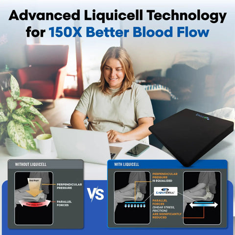 Ergo21 LiquiCell Seat Cushion 2 Inches Thick shown in use at home, illustrating advanced blood flow technology.