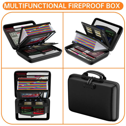 Lockable Fireproof Document Box With Water Resistant Hard Case And 25 Pocket Accordion File Organizer Portable Home Office Safe