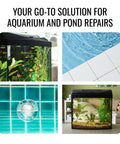 Clear Aquarium Silicone Sealant For Glass Tanks With High Elasticity Fish Safe And Solvent Free Ozone Resistant Transparent 10.14 Fl Oz Great For Sealing Up Aquariums And Tank Repairs, shown with aquatic scenes and tiled surfaces.