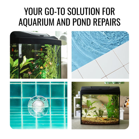 Clear Aquarium Silicone Sealant For Glass Tanks With High Elasticity Fish Safe And Solvent Free Ozone Resistant Transparent 10.14 Fl Oz Great For Sealing Up Aquariums And Tank Repairs, shown with aquatic scenes and tiled surfaces.