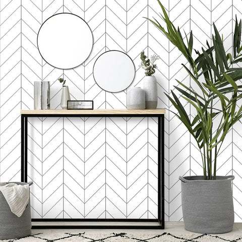 Peel And Stick Black And White Stripe Wallpaper For Quick Room Makeover Self Adhesive Removable Contact Paper on wall with console table.